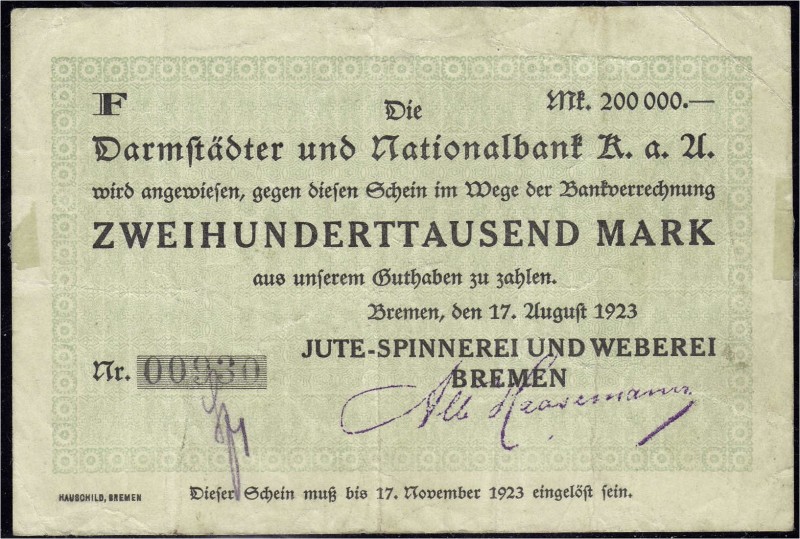 Banknoten, Deutsches Notgeld und KGL, Bremen
Jute-Spinnerei und Weberei Bremen: ...