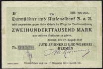Banknoten, Deutsches Notgeld und KGL, Bremen
Jute-Spinnerei und Weberei Bremen: Zweihunderttausend Mark 17.8.1923. Schein der Darmstädter und National...