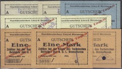 Banknoten, Deutsches Notgeld und KGL, Bremerhaven
Norddeutscher Lloyd: 8 verschiedene Scheine zu 1 und 3 Mark 1914, zahlbar bei der Agentur des N.D.L....