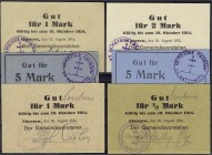 Banknoten, Deutsches Notgeld und KGL, Chorzow (Schlesien)
Gemeindevorsteher: 6 Scheine zu 1, 2 und 5 Mark sowie 1/2 u. 1 Zentner (Kartoffeln) 25.8.191...