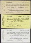 Banknoten, Deutsches Notgeld und KGL, Dürren (Württ.)
Vereinigte Käsereien des Württ. Allgäus: 3 Scheine zu 1, 10 und 20 Mio. Mark 22.9., 3.10., 29.9....