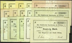 Banknoten, Deutsches Notgeld und KGL, Elbing (Westpr.)
Magistrat: 15 versch. Scheine von 1 bis 20 Mark 5.8.1914. Unentwertet und mit Lochentwertung. A...