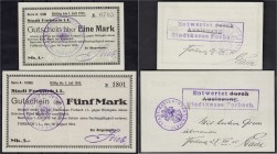 Banknoten, Deutsches Notgeld und KGL, Forbach (Lothringen)
Stadt: 1 und 5 Mark 19.8.1914. Mit Rs. Entwertungsvermerk. Die beiden bei Dießner abgebilde...
