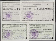 Banknoten, Deutsches Notgeld und KGL, Forbach (Lothringen)
Stadt: je 2 X 1 und 5 Mark 19.8.1914. Neudrucke auf dünnem Papier. Je 1 X mit und ohne KN, ...