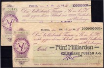 Banknoten, Deutsches Notgeld und KGL, Füssen (Bayern)
Volksbank Füssen e.G.m.b.H., 100 Mio.- und 5 Mrd. Mark auf Eigenschecks 6.10. und 29.10.1923. 10...