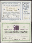 Banknoten, Deutsches Notgeld und KGL, Gerstetten (Württ.)
Gemeinde: 2 Scheine zu 100 und 500 Mrd. Mark 15.11.1923. III und II-, selten