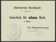 Banknoten, Deutsches Notgeld und KGL, Goldbach (Elsass)
Bürgermeisteramt: 1 Mark o.D. (1914). Karton samisch. Unentwertet. I-, äußerst selten Laut Die...