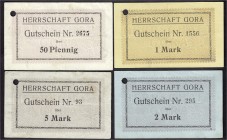 Banknoten, Deutsches Notgeld und KGL, Gora (Posen)
Herrschaft: 4 Scheine zu 50 Pf., 1, 2, 5 Mark o.D. (1914). Auflagen teils nur 100 Ex. Dabei alle be...