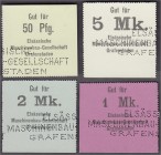 Banknoten, Deutsches Notgeld und KGL, Grafenstaden (Elsass)
Elsässische Maschinenbau-Gesellschaft: 4 Scheine zu 50 Pfg., 1, 2 und 5 Mark o.D. (7.8.191...