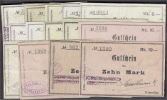 Banknoten, Deutsches Notgeld und KGL, Hüsseren-Wesserling (Elsass)
Gros, Roman & Cie: 17 versch. Scheine auf farbig gemustertem Kattun o.D. (1914). Zu...