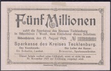 Banknoten, Deutsches Notgeld und KGL, Ibbenbüren
5 Millionen Mark 23.8.1923, Sparkasse. II-III, kl. Falzrest am Rand, sehr selten