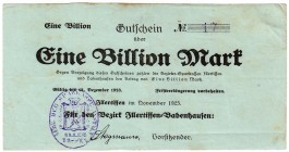 Banknoten, Deutsches Notgeld und KGL, Illertissen Bez. Babenhausen (Bayern)
1 Billion Mark 15.12.1923. KN 2-stellig (No. 17), 5 mm hoch. III, min. fle...