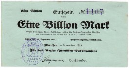 Banknoten, Deutsches Notgeld und KGL, Illertissen Bez. Babenhausen (Bayern)
1 Billion Mark 15.12.1923. KN 4-stellig, 6 mm hoch. I-II, sehr selten