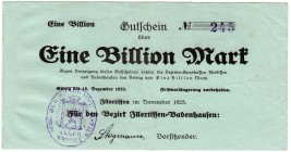 Banknoten, Deutsches Notgeld und KGL, Illertissen Bez. Babenhausen (Bayern)
1 Billion Mark 15.12.1923. KN 3-stellig, 5 mm hoch. II, sehr selten