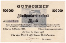 Banknoten, Deutsches Notgeld und KGL, Illertissen Bez. Babenhausen (Bayern)
500 T. Mark 31.10.1923. Mit eigenhändiger Unterschrift. I-II, sehr selten