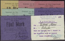 Banknoten, Deutsches Notgeld und KGL, Kaysersberg (Elsass)
Stadt: 7 Scheine zu 50 Pf., 1, 2 und 5 Mark auf farbigem Karton 17.8.1914, dabei auch alle ...