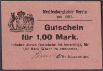 Banknoten, Deutsches Notgeld und KGL, Kiel (Schlesw. Holst.)
Mecklenburgischer Verein: 1 Mark o.D. Roter Karton, Rs. Stempel bezahlt. Dieser Schein is...