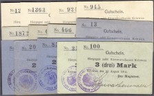 Banknoten, Deutsches Notgeld und KGL, Kriewen (Posen)
Magistrat: 13 verschiedene Scheine von 25 Pf. bis 3 Mark 12.8.1914. 5 dieser Scheine sind bei Di...