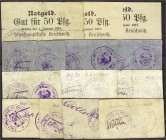 Banknoten, Deutsches Notgeld und KGL, Kruschwitz (Posen)
Stadthauptkasse: 13 Scheine zu 50 Pf., 1, 2 und 3 Mark o.D. (1914/15). Dabei alle bei Dießner...