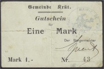 Banknoten, Deutsches Notgeld und KGL, Krüt (Elsass)
Gemeinde: Gutschein für 1 Mark o.J. (1914). Karton mit franz. Adlerstempel. Dieser Schein ist bei ...