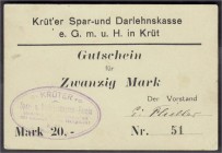 Banknoten, Deutsches Notgeld und KGL, Krüt (Elsass)
Spar- und Darlehnskasse e.G.m.u.H: 20 Mark auf Karton o.D. (1914). Mit Firmenstempel und eigenh. U...