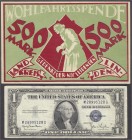Banknoten, Deutsches Notgeld und KGL, Linden (Hessen)
Wohlfahrtsspende 500 Mark o.J. Landkreis Linden. Dazu: USA 1 Dollar Silver Certificate 1935 D. I...