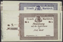 Banknoten, Deutsches Notgeld und KGL, Markirch (Elsass)
Bürgermeister u. Stadtrat: 21 Scheine zu 50 Pf., 1, 2 und 5 Mark o.D. (7.8.1914). Alles Var. D...