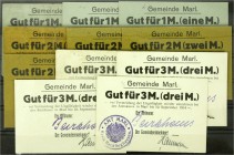 Banknoten, Deutsches Notgeld und KGL, Marl (Westf.)
Gemeinde: 11 verschiedene Scheine zu 1, 2 und 3 Mark o.D. (gültig bis 10.9.1914). U.a. alle Selten...