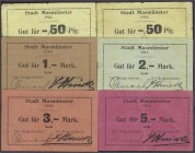 Banknoten, Deutsches Notgeld und KGL, Masmünster (Elsass)
Bürgermeister: 6 Scheine zu 2 X 50 Pf., 1, 2, 3 und 5 Mark 1914. Farbiges Papier. Alle mit R...