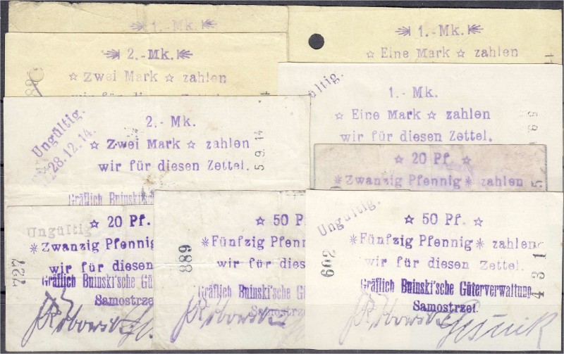 Banknoten, Deutsches Notgeld und KGL, Samostrzel (Posen)
9 Scheine: Gräflich Bni...