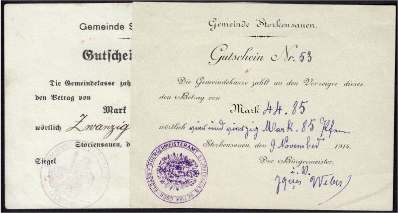 Banknoten, Deutsches Notgeld und KGL, Storkensauen (Elsass)
Gemeinde: 2 Scheine ...