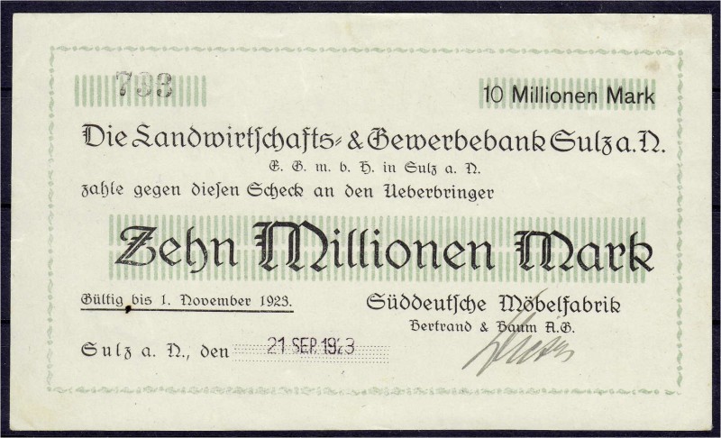 Banknoten, Deutsches Notgeld und KGL, Sulz a. N. (Württ.)
Süddeutsche Möbelfabri...