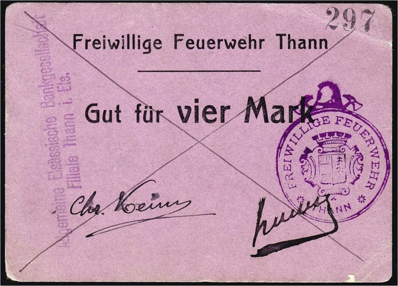 Banknoten, Deutsches Notgeld und KGL, Thann (Elsass)
Freiwillige Feuerwehr: 4 Ma...
