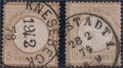 Briefmarken, Deutschland, Deutsches Reich
5 Gr. + 18 Kr. Brustschild 1872, zwei sauber gestempelte Werte in guter Gesamterhaltung, Nr. 11 geprüft M. S...