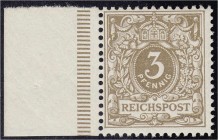 Briefmarken, Deutschland, Deutsches Reich
3 Pfennig 1899, Farbe ,,cb``, vom linken Seitenrand, postfrisches Luxusstück mit Originalgummi. Fotoattestko...