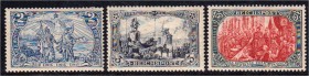 Briefmarken, Deutschland, Deutsches Reich
2 M, 3 M, 5 M Reichspost 1900, ungebraucht mit Falz. Michel 770,-€. *