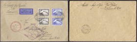 Briefmarken, Deutschland, Deutsches Reich
Zeppelin-Südamerikafahrt 1930, zwei komplette Sätze auf Brief, gestempelt Friedrichshafen 18.5.1930, mit ent...