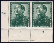Briefmarken, Deutschland, Deutsche Demokratische Republik
12 Pf. Deutsch-chinesische Freundschaft 1951, postfrische Bogenecke mit Druckvermerk. Mi. 70...