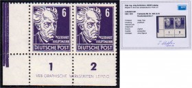 Briefmarken, Deutschland, Deutsche Demokratische Republik
6 Pf. Persönlichkeiten 1952, waagerechtes Paar in postfrischer Erhaltung mit Druckereizeiche...