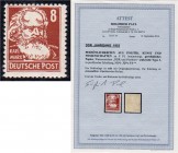 Briefmarken, Deutschland, Deutsche Demokratische Republik
8 Pf. Persönlichkeiten 1952, postfrische Erhaltung, seltenes Wasserzeichen YI. Fotoattest Pa...