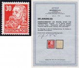 Briefmarken, Deutschland, Deutsche Demokratische Republik
30 Pf. Persönlichkeiten 1953, postfrische Erhaltung, Wasserzeichen v b XII. Fotoattest Paul ...