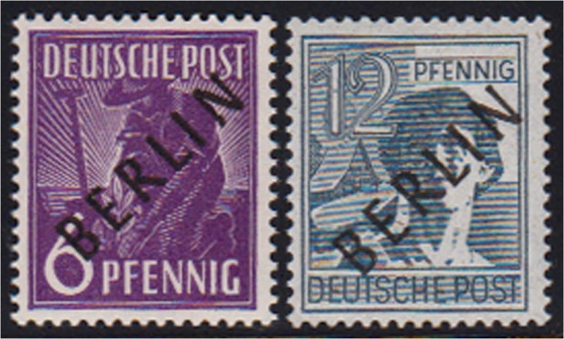 Briefmarken, Deutschland, Berlin
6 Pf. u. 12 Pf. Schwarzaufdruck 1948, zwei post...