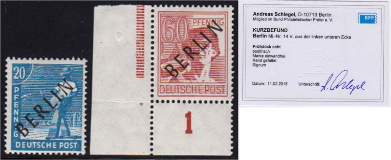 Briefmarken, Deutschland, Berlin
20 Pf. u. 60 Pf. Schwarzaufdruck 1948, zwei pos...