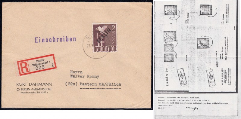 Briefmarken, Deutschland, Berlin
2 DM Schwarzaufdruck 1948 auf überfrankiertem, ...