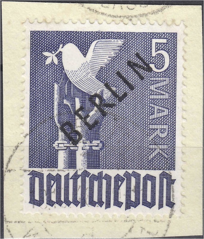 Briefmarken, Deutschland, Berlin
5 M Schwarzaufdruck 1948, sauber gestempelt auf...