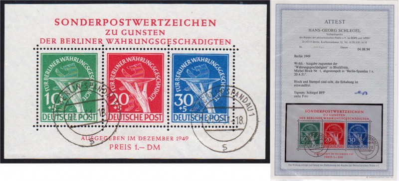 Briefmarken, Deutschland, Berlin
Währungsgeschädigten-Block 1949 mit Tagesstempe...