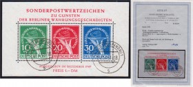 Briefmarken, Deutschland, Berlin
Währungsgeschädigten-Block 1949 mit Tagesstempel. Fotoattest Schlegel BPP >einwandfrei<. Mi. 2.200,-€. gestempelt