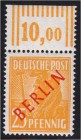 Briefmarken, Deutschland, Berlin
25 Pf. Rotaufdruck 1949 postfrisch vom Oberrand, geprüft Schlegel BPP. Michel 500,-€. **