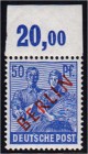 Briefmarken, Deutschland, Berlin
50 Pf. Rotaufdruck 1949, postfrische Erhaltung, Oberrand ungefaltet, bestens geprüft Schlegel BPP. Michel 400,-€. **...
