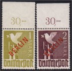 Briefmarken, Deutschland, Berlin
1 M + 2 M Rotaufdruck 1949, in postfrischer Erhaltung vom Oberrand, geprüft Lippschütz/Schlegel BPP. Michel 1.900,-€....